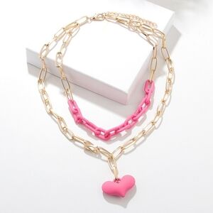 Pink Heart Goldtone Link Chain Necklace